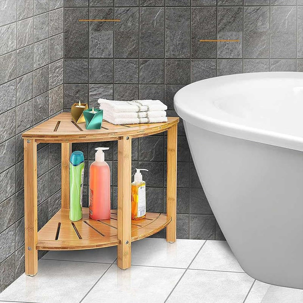 Bamboo Shower Bench with Storage Shelf Waterproof Corner Shower Stool for Shaving Legs Compact Size (15 * 13in)