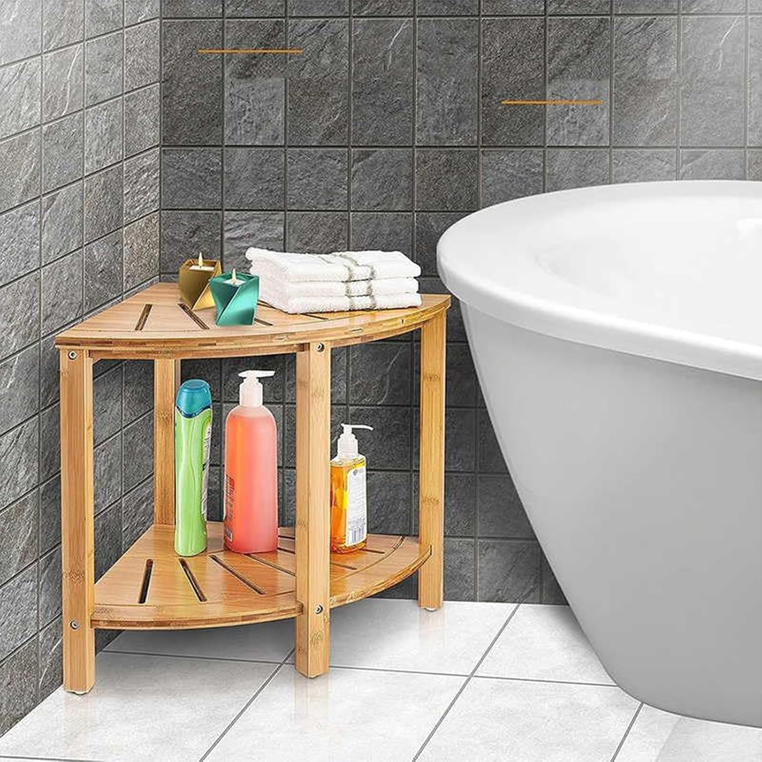 Bamboo Shower Bench with Storage Shelf Waterproof Corner Shower Stool for Shaving Legs Compact Size (15 * 13in)