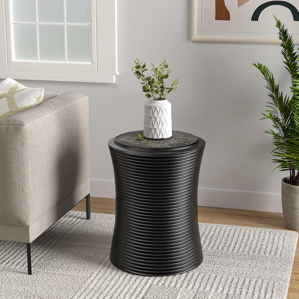 COSIEST Set of 2 Outdoor Side Table Black, Round MgO Concrete Side Table, Lightweight Outdoor Accent Table with Faux Natural Slate Rock, Cylinder Patio Table Top Plant Stand for Garden and Deck