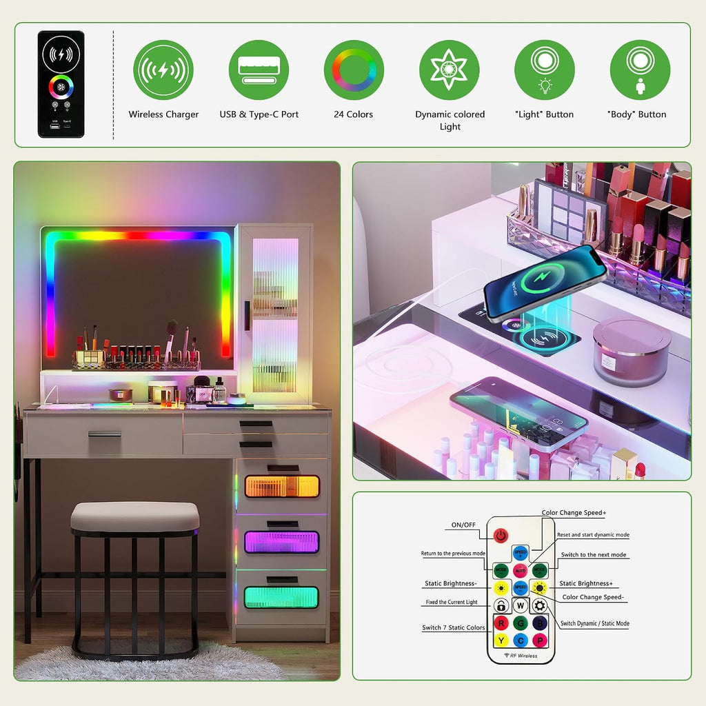 WOOVIVS Vanity with LED Mirror, Makeup Desk with 24 RGB Atuo Lighted Drawers for Bedroom, Glass Top Vanities Table Set with Wireless Charging Station, Chair,Jewelry Organizer for Girls/Women (White)