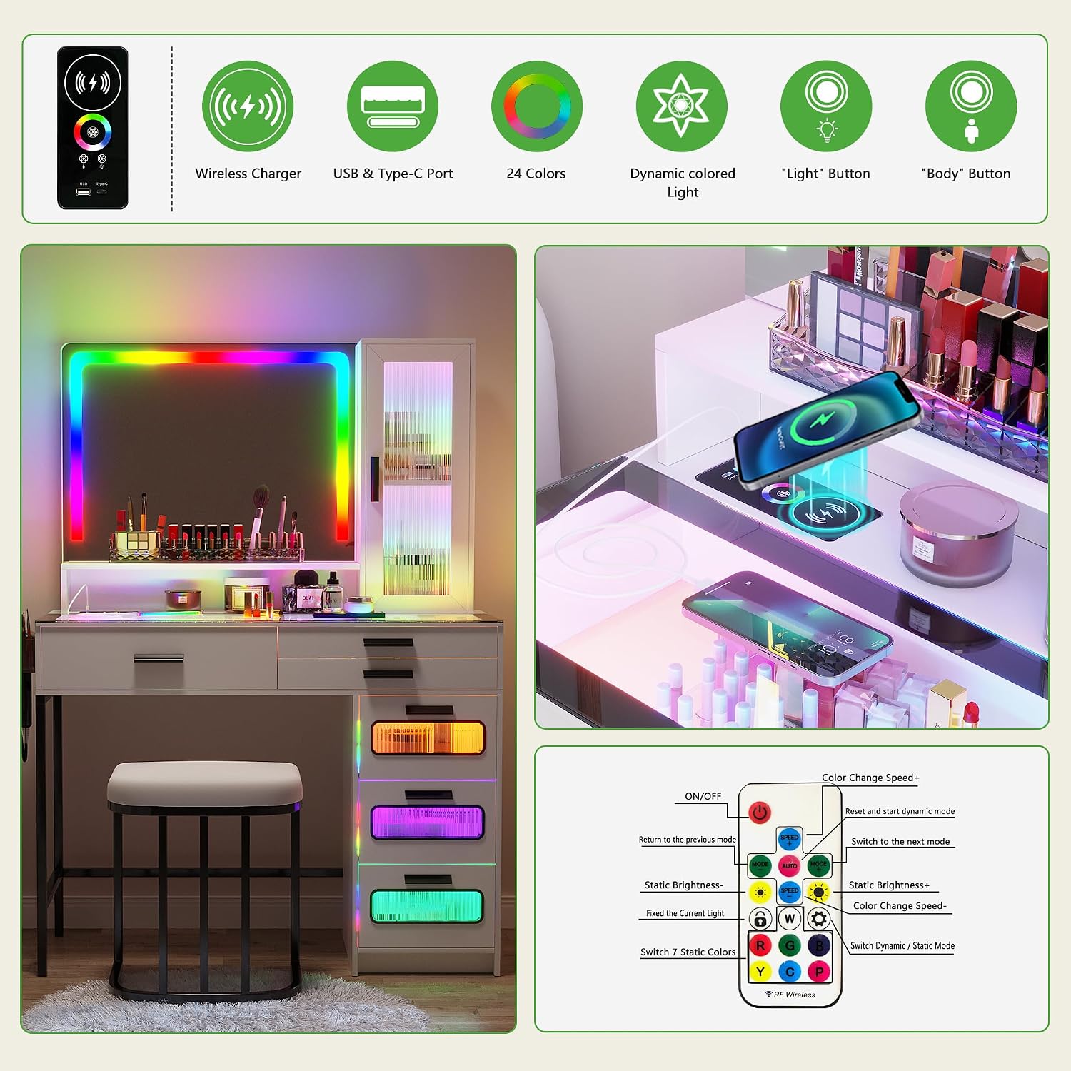 WOOVIVS Vanity with LED Mirror, Makeup Desk with 24 RGB Atuo Lighted Drawers for Bedroom, Glass Top Vanities Table Set with Wireless Charging Station, Chair,Jewelry Organizer for Girls/Women (White)