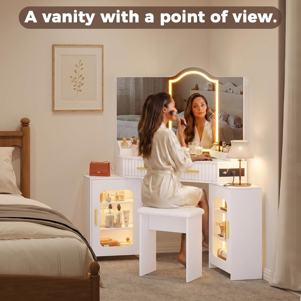 Corner Vanity Desk with 3 Way Mirror and Lights, 54' Modern Makeup Table Set with 2 Drawers & 2 Storage Cabinets, Charging Station, Stool, Large Bedroom Hexagonal Dressing Table (Matte White)