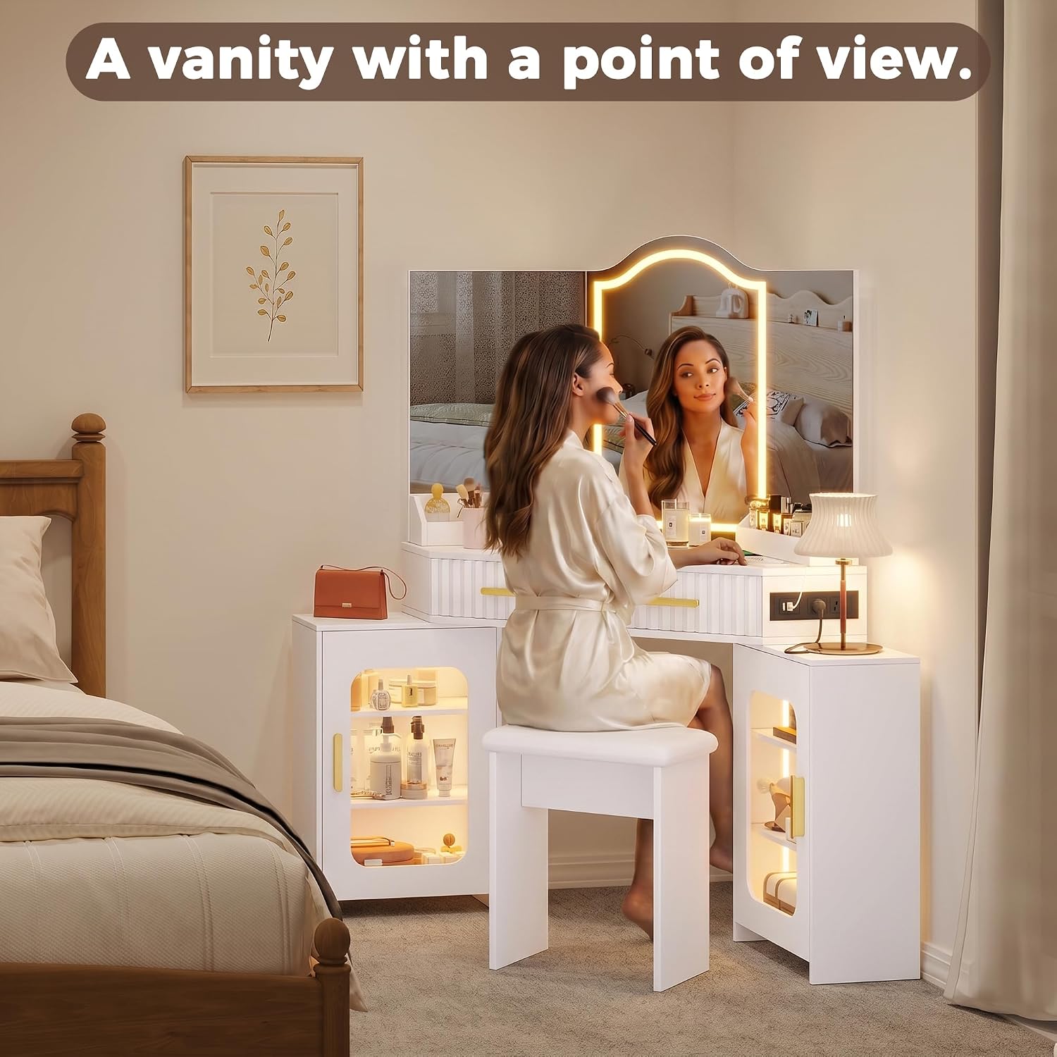 Corner Vanity Desk with 3 Way Mirror and Lights, 54' Modern Makeup Table Set with 2 Drawers & 2 Storage Cabinets, Charging Station, Stool, Large Bedroom Hexagonal Dressing Table (Matte White)
