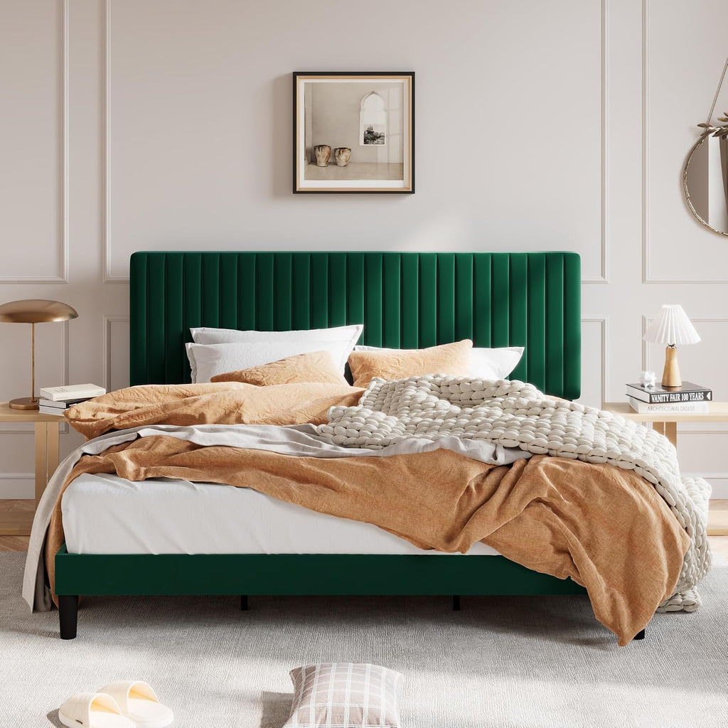 SHA CERLIN King Upholstered Platform Bed Frame with Vertical Channel Tufted Velvet Fabric Adjustable Headboard, Wooden Slats Support, Mattress Foundation, Box Spring Optional, Green