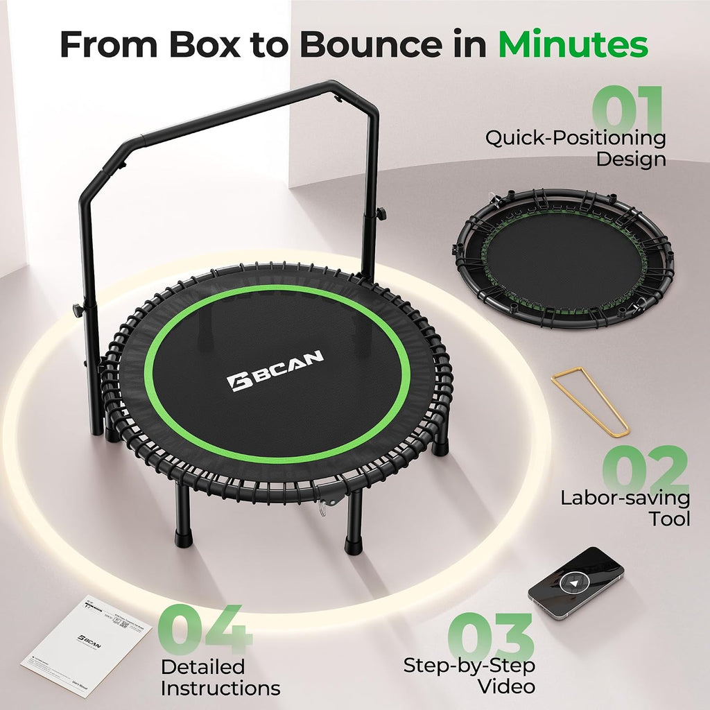 BCAN BT2 450/550LBS Mini Rebounder Trampoline for Adults with Bar, Fitness Trampoline with Bungees, Adjustable Handle, Stable & Quiet, Indoor Outdoor, Whole-Body Workout & Relaxation at Home-40IN/48IN