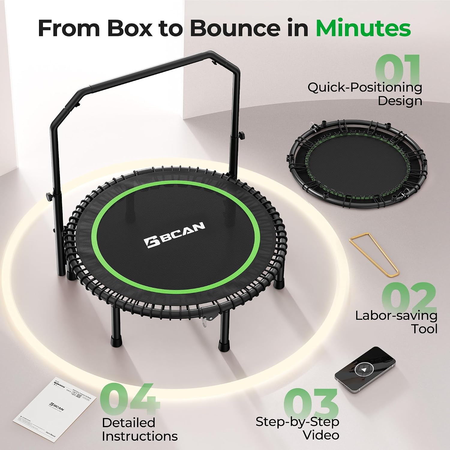BCAN BT2 450/550LBS Mini Rebounder Trampoline for Adults with Bar, Fitness Trampoline with Bungees, Adjustable Handle, Stable & Quiet, Indoor Outdoor, Whole-Body Workout & Relaxation at Home-40IN/48IN