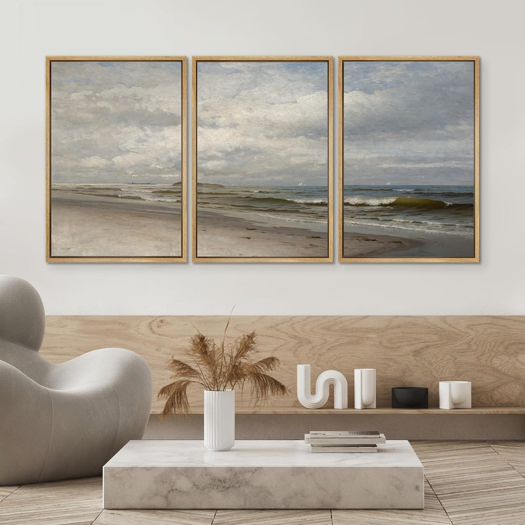 SIGNWIN Framed Canvas Print Wall Art Set Ocean Beach Tranquil Coastal Seascape with Waves and Clouds Illustrations Modern Art Decorative Rustic for Living Room, Bedroom, Office - 16'x24'x3 Natural