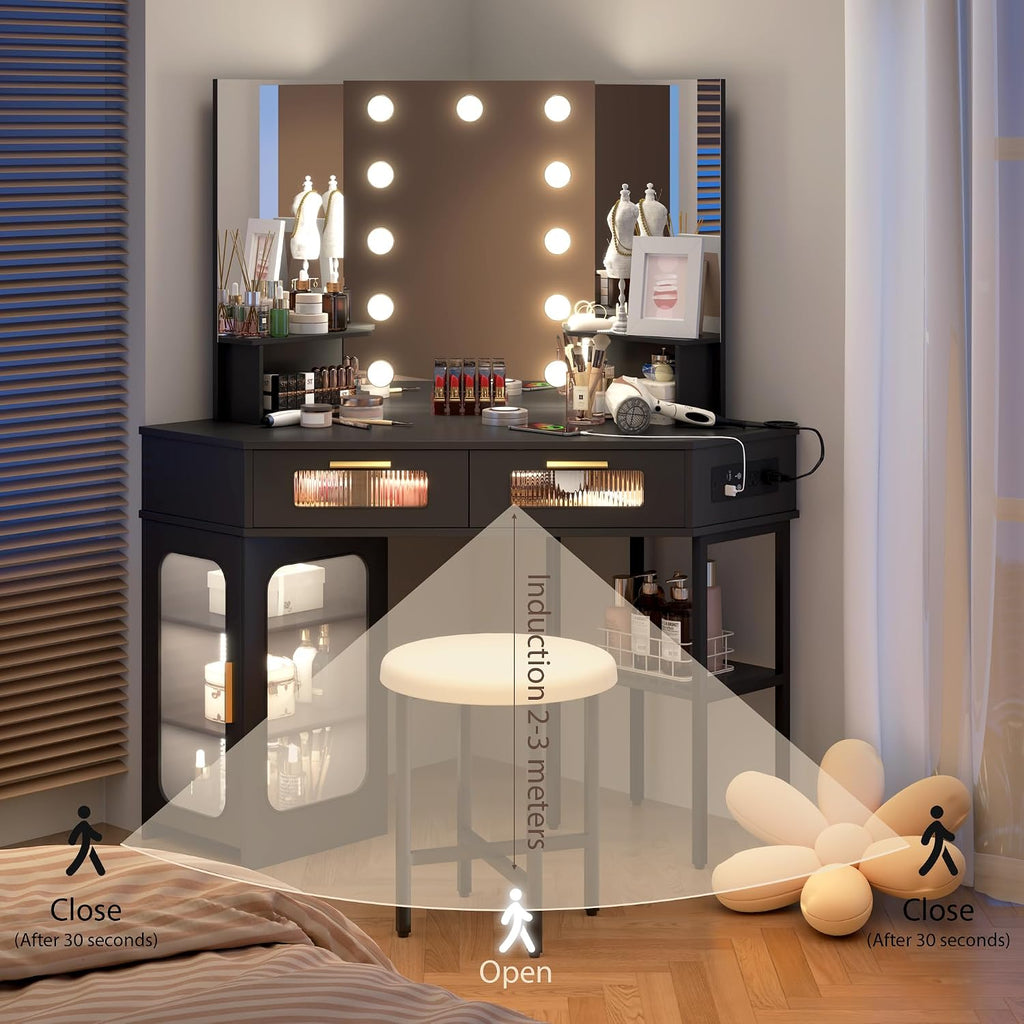 Lareth Corner Vanity Desk with 3 Way Mirror and Lights, Modern Makeup Vanity with Charging Station, Stool, 45.5' Large Bedroom Dressing Table with 2 Drawers & Shelves, Gifts for Girls Women, Black