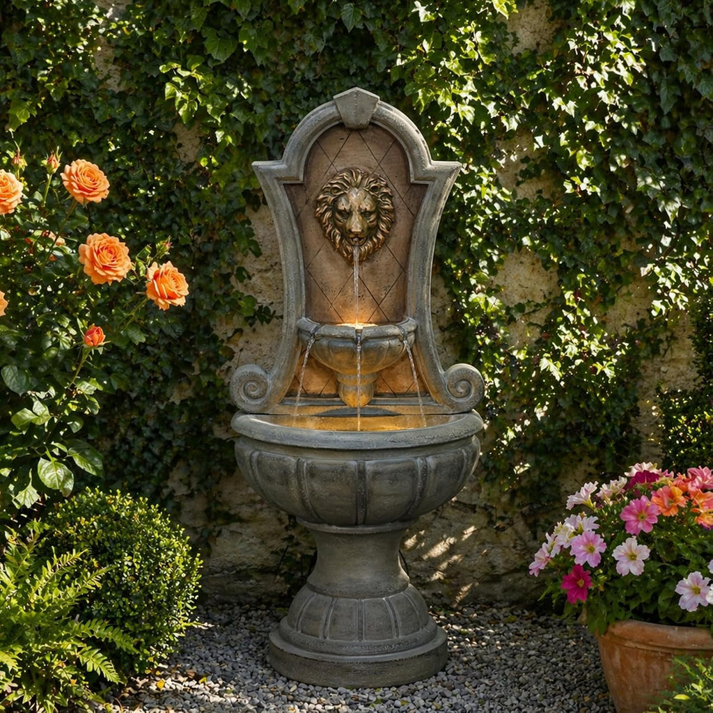 Bumilgar Outdoor Wall Fountain with LED Lights, 49.21' H Freestanding Garden Water Fountain, Large Floor Standing Patio Waterfall Feature, European Resin Flat Back Yard Courtyard Porch Décor