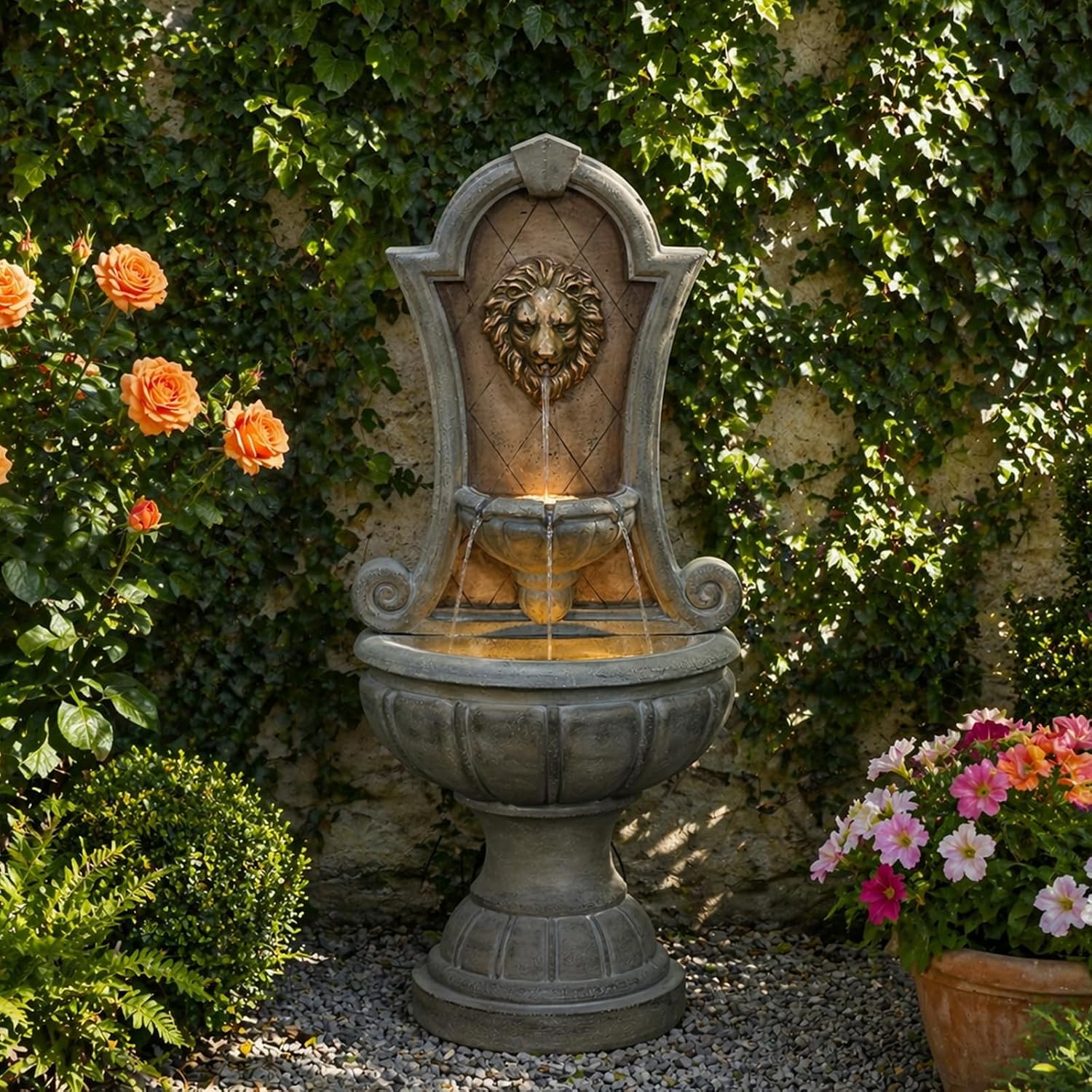 Bumilgar Outdoor Wall Fountain with LED Lights, 49.21' H Freestanding Garden Water Fountain, Large Floor Standing Patio Waterfall Feature, European Resin Flat Back Yard Courtyard Porch Décor
