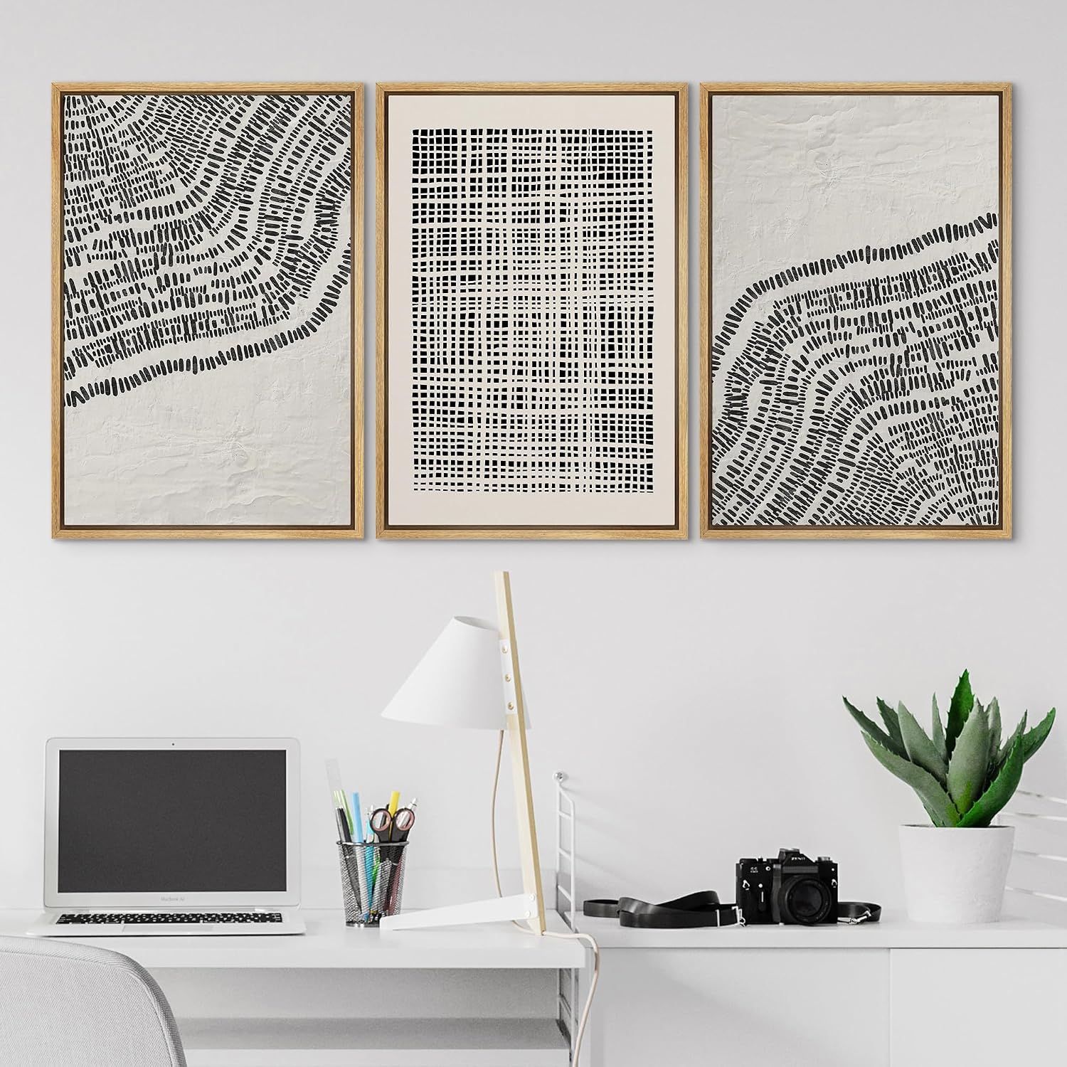 SIGNLEADER Framed Canvas Print Wall Art Set Minimalist Black and White Geometric Abstract Pattern and Line Illustrations Boho Decorative for Living Room, Bedroom, Office - 16'x24'x3 NATURAL
