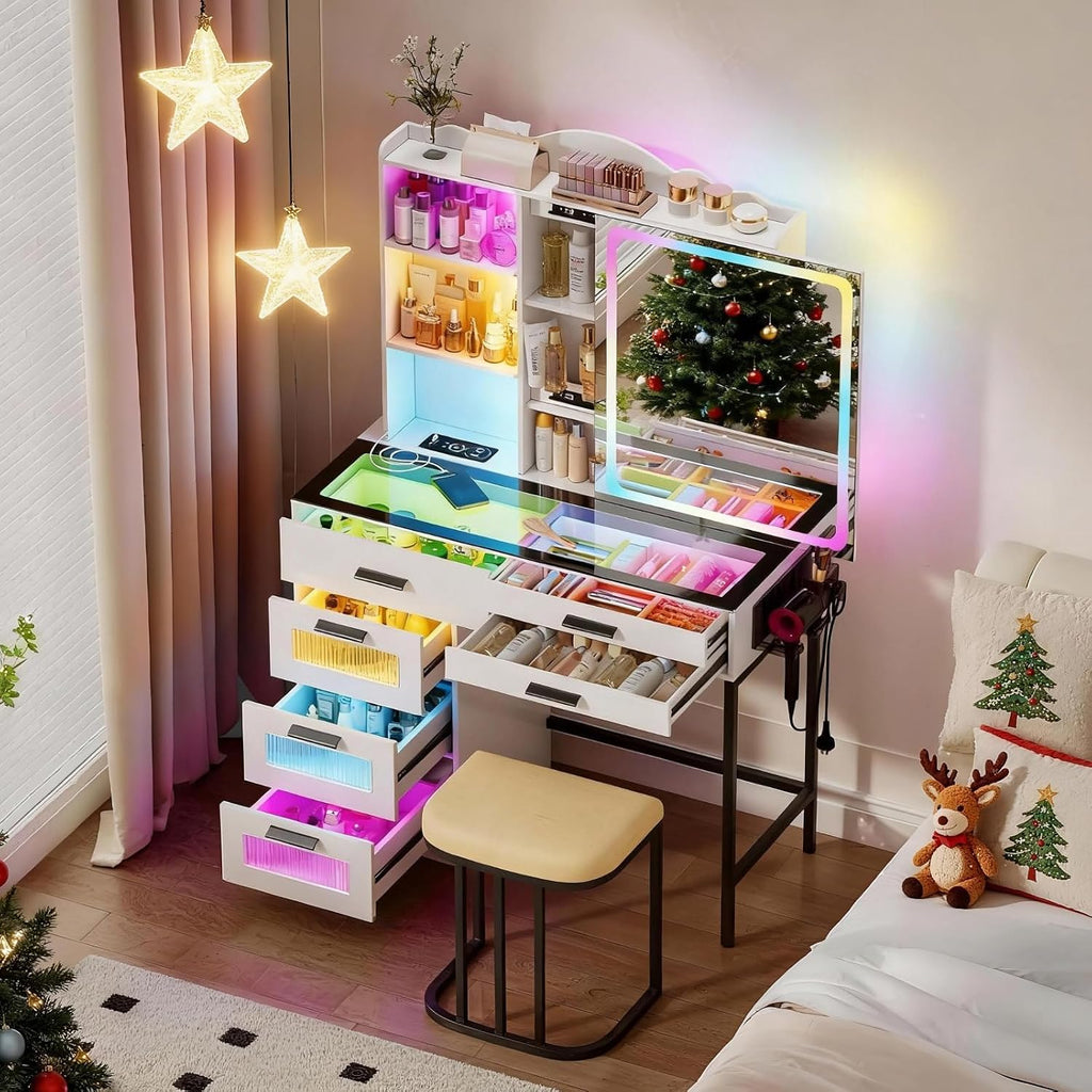 RGB Vanity Desk with Sliding Mirror and Lights,Makeup Vanity with Charging Station,LED Vanity Table with Glass Top,Girls Vanities Dressing Table Set with Stool&6 Drawers for Bedroom(White
