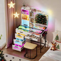 RGB Vanity Desk with Sliding Mirror and Lights,Makeup Vanity with Charging Station,LED Vanity Table with Glass Top,Girls Vanities Dressing Table Set with Stool&6 Drawers for Bedroom(White