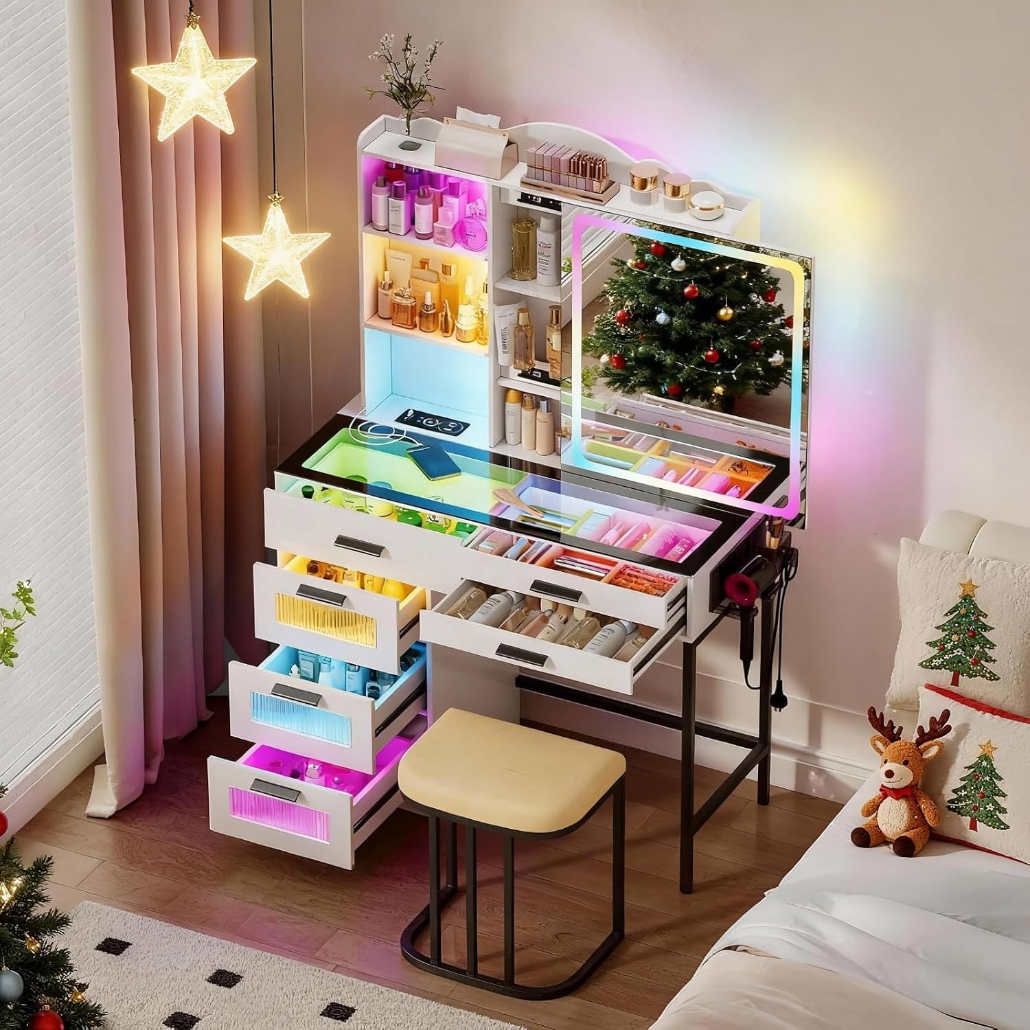 RGB Vanity Desk with Sliding Mirror and Lights,Makeup Vanity with Charging Station,LED Vanity Table with Glass Top,Girls Vanities Dressing Table Set with Stool&6 Drawers for Bedroom(White