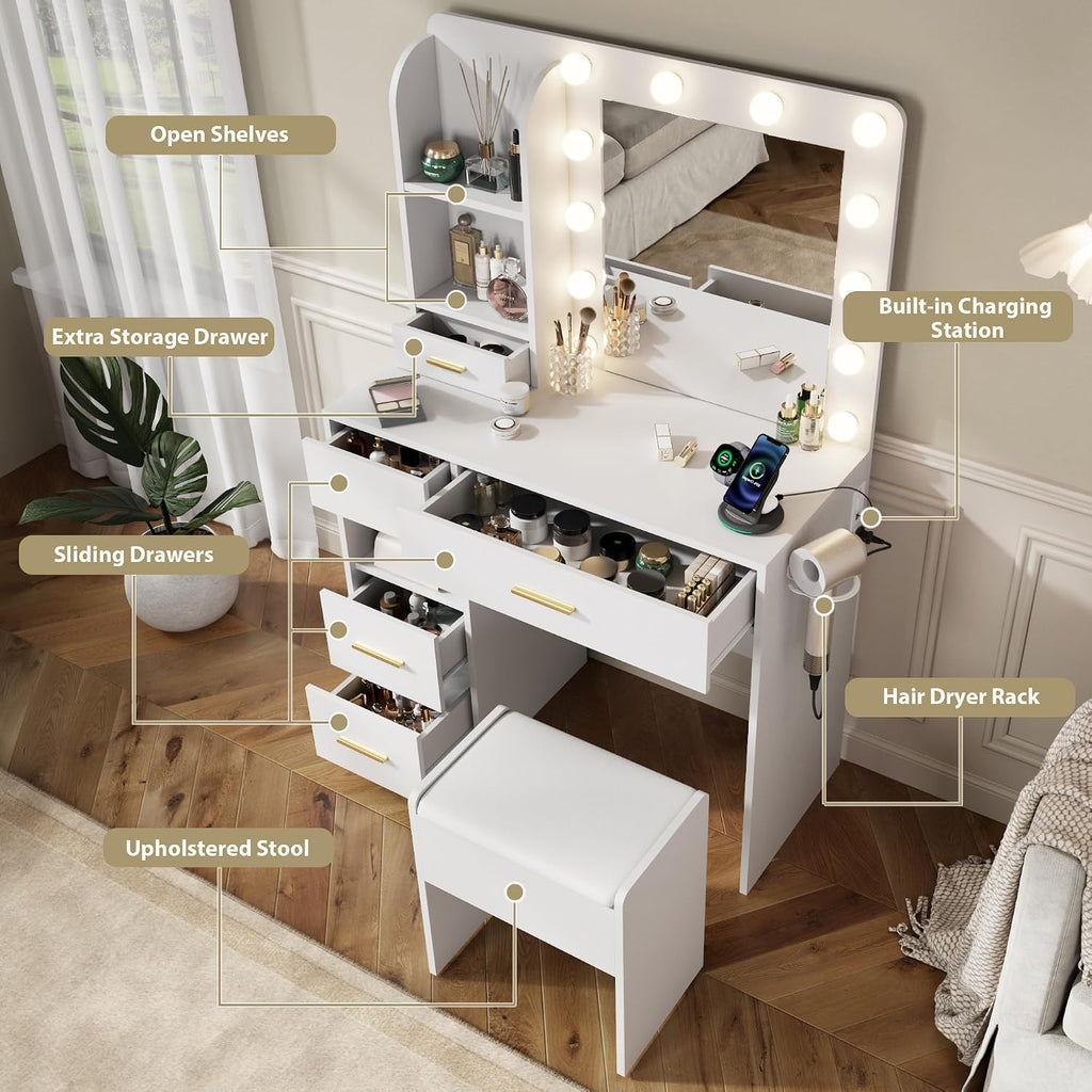 Vanity Desk with Mirror and Lights, 3 Adjustable Lighting Makeup Vanity Desk with 3 Storage Shelves, 5 Large Drawers and Power Outlet, Vanity with Chair for Bedroom, White