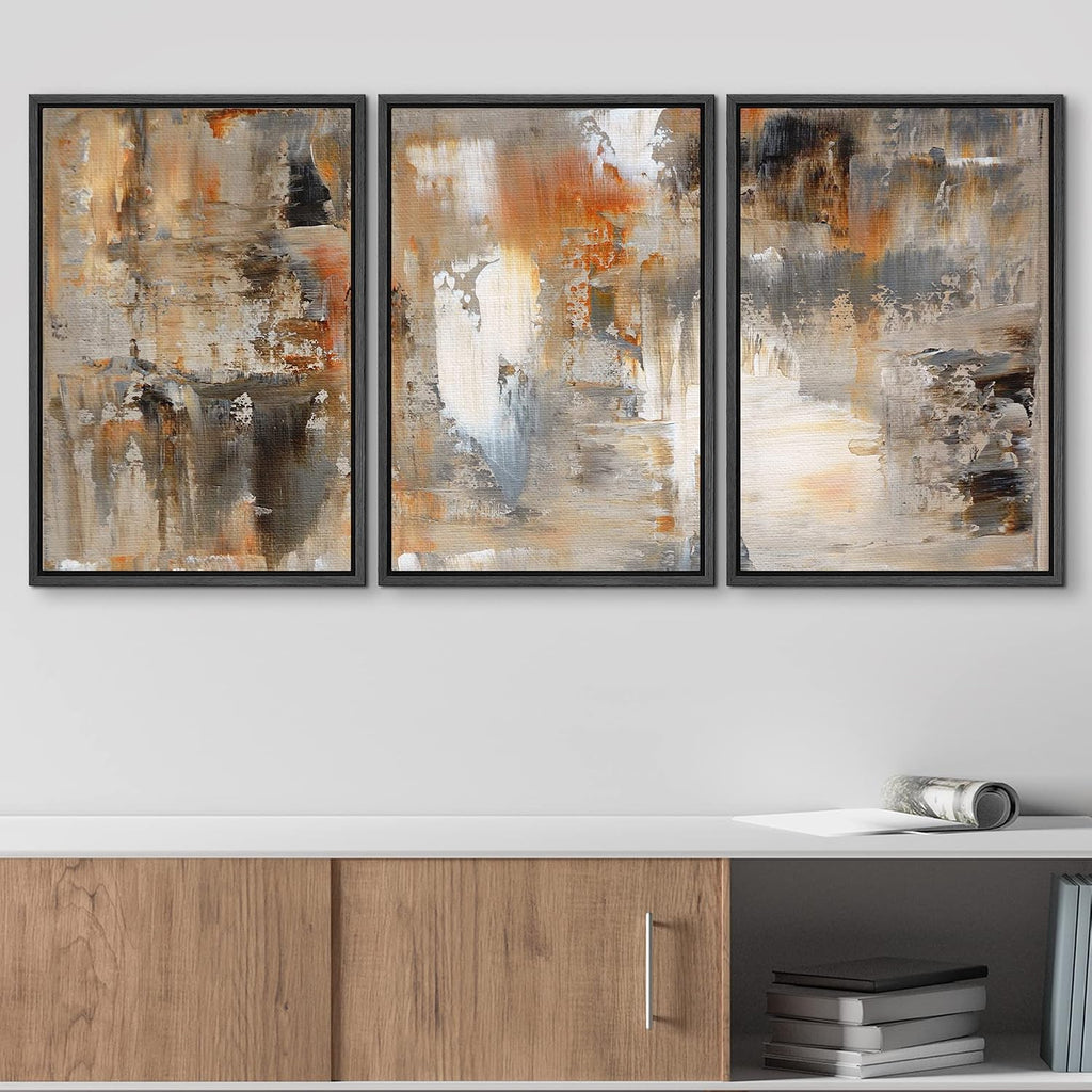 wall26 Framed Canvas Print Wall Art Set Black, White & Orange Brushstrokes Abstract Shapes Illustrations Modern Art Chic Colorful Multicolor Ultra for Living Room, Bedroom, Office - 16'x24'x3 Black