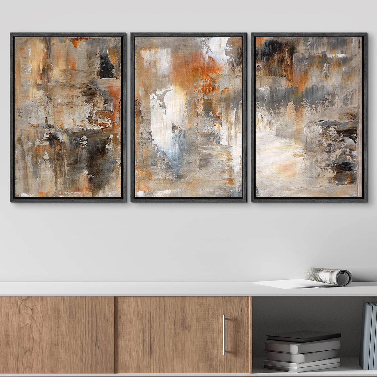 wall26 Framed Canvas Print Wall Art Set Black, White & Orange Brushstrokes Abstract Shapes Illustrations Modern Art Chic Colorful Multicolor Ultra for Living Room, Bedroom, Office - 16'x24'x3 Black