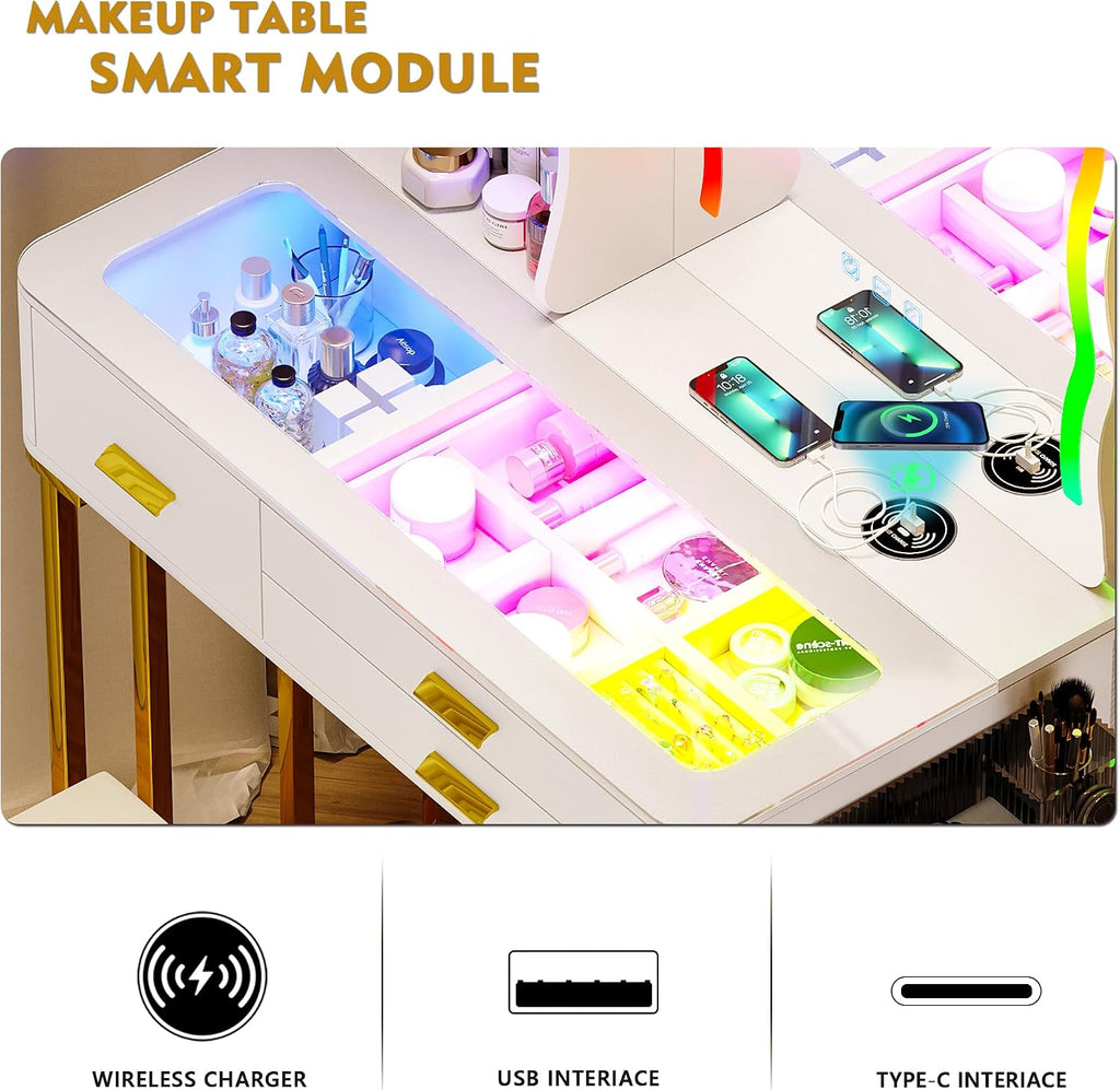 Lvifur RGB Makeup Vanity Desk with Wireless Charging Station,7 Dynamic and 7 Static Dimmable Vanity Table with Visible Glass Top,Auto Sensor Make up Vanity with Mirror and Lights,Stool (White & Gold)