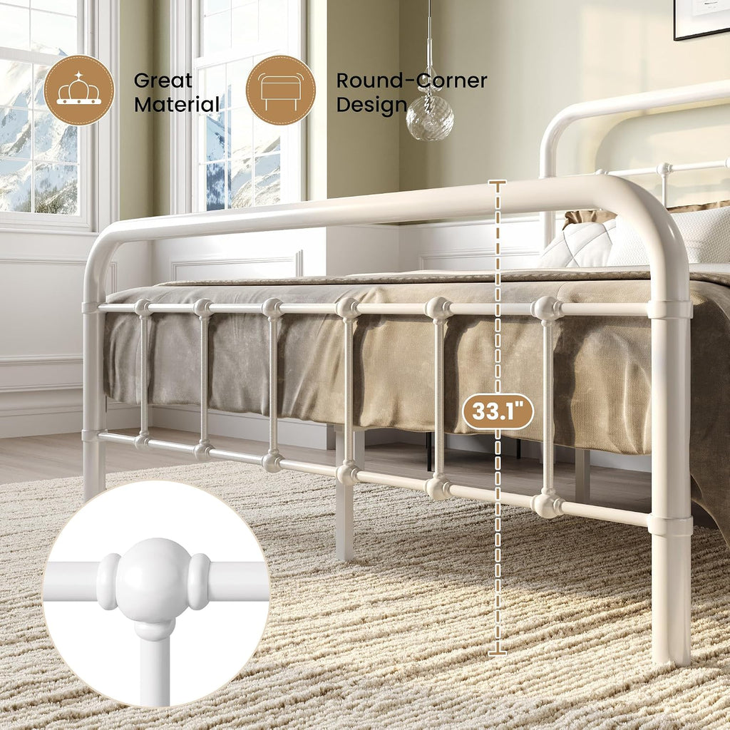 SHA CERLIN Full Size Bed Frame Metal Platform Bed with Vintage Style Headboard and Footboard, Heavy Duty Mattress Foundation, No Box Spring Needed, Easy Assembly, White