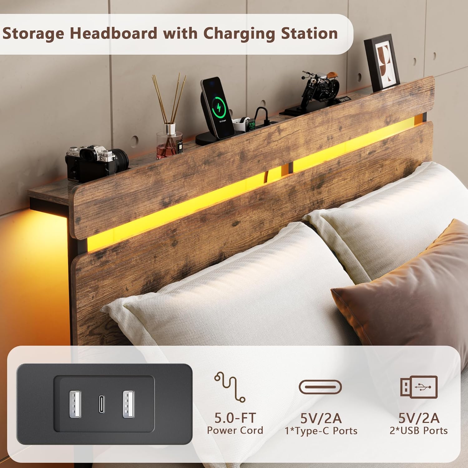 Forestell Full Size Bed Frame with Wood Headboard, Metal Platform Bed with 2 Storage Drawers & Shelf, Built in Charging Station & LED Lights, No Box Spring Needed, Vintage Brown, Camas Full