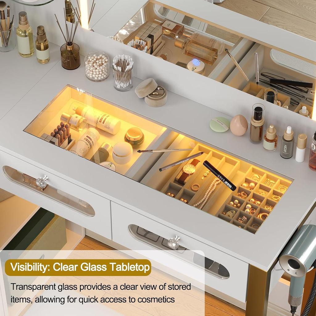 48' L-Shaped Corner Vanity Desk with LED Lighted Mirror - 3 Adjustable Lighting Modes, Featuring 5 Tempered Glass Drawers & Open Storage Shelves for Stylish Dressing Table (White)