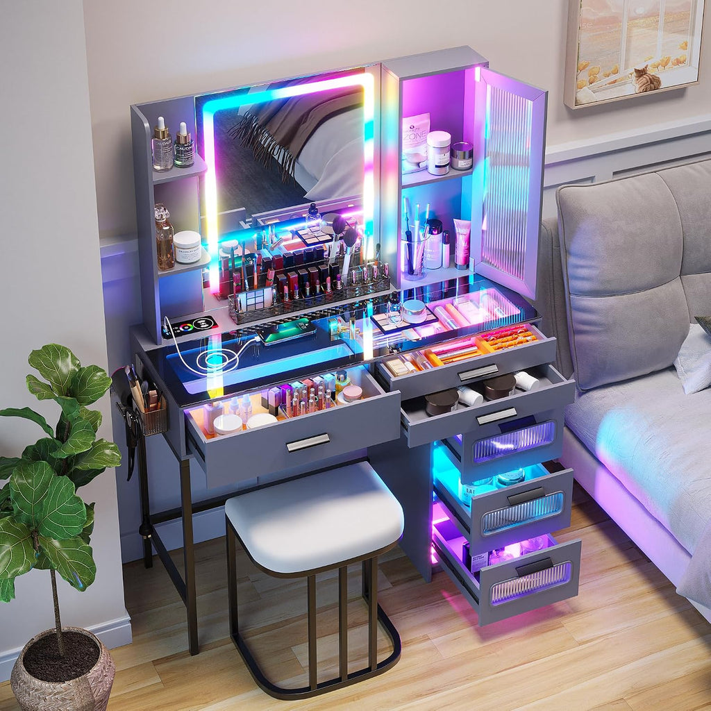 WOOVIVS Vanity with Lights for Girls- Vanities Table with LED Mirror, RGB Makeup Vanity with Wireless Charging Station, 6 Drawers Dress with Glass Top,Chair,Jewelry Organizer for Bedroom-Grey