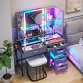 WOOVIVS Vanity with Lights for Girls- Vanities Table with LED Mirror, RGB Makeup Vanity with Wireless Charging Station, 6 Drawers Dress with Glass Top,Chair,Jewelry Organizer for Bedroom-Grey