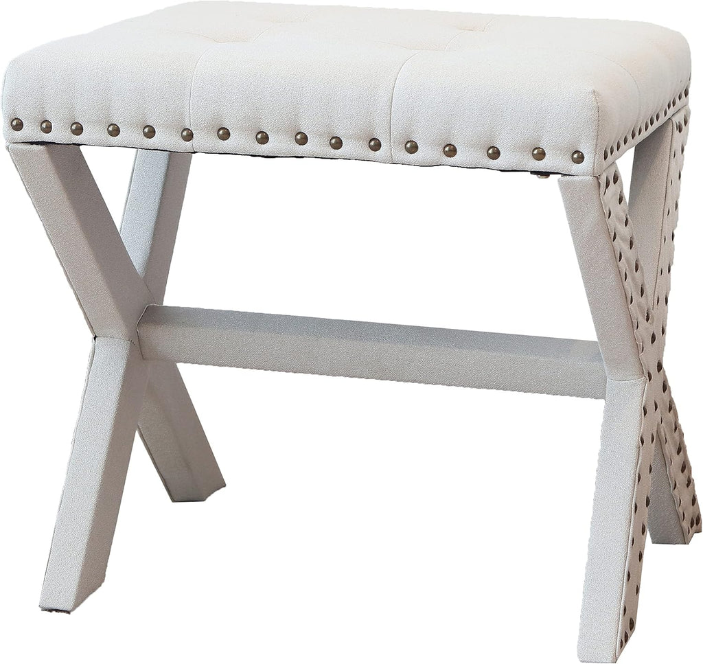 AC Pacific Modern Chic Vanity Stool Upholstered Chair with Soft Linen Fabric, Nailhead Trim, Tufted Seat and Solid Wood Frame, 17' D x 19' W x 20' H Set of 2, Beige