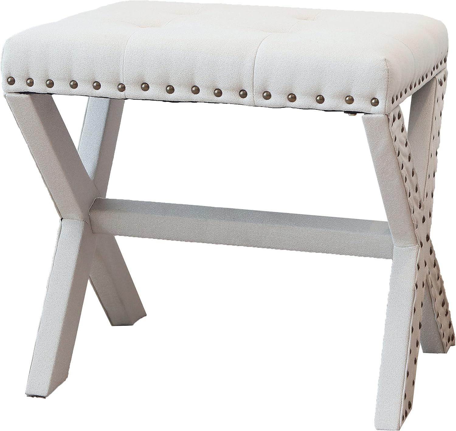 AC Pacific Modern Chic Vanity Stool Upholstered Chair with Soft Linen Fabric, Nailhead Trim, Tufted Seat and Solid Wood Frame, 17' D x 19' W x 20' H Set of 2, Beige