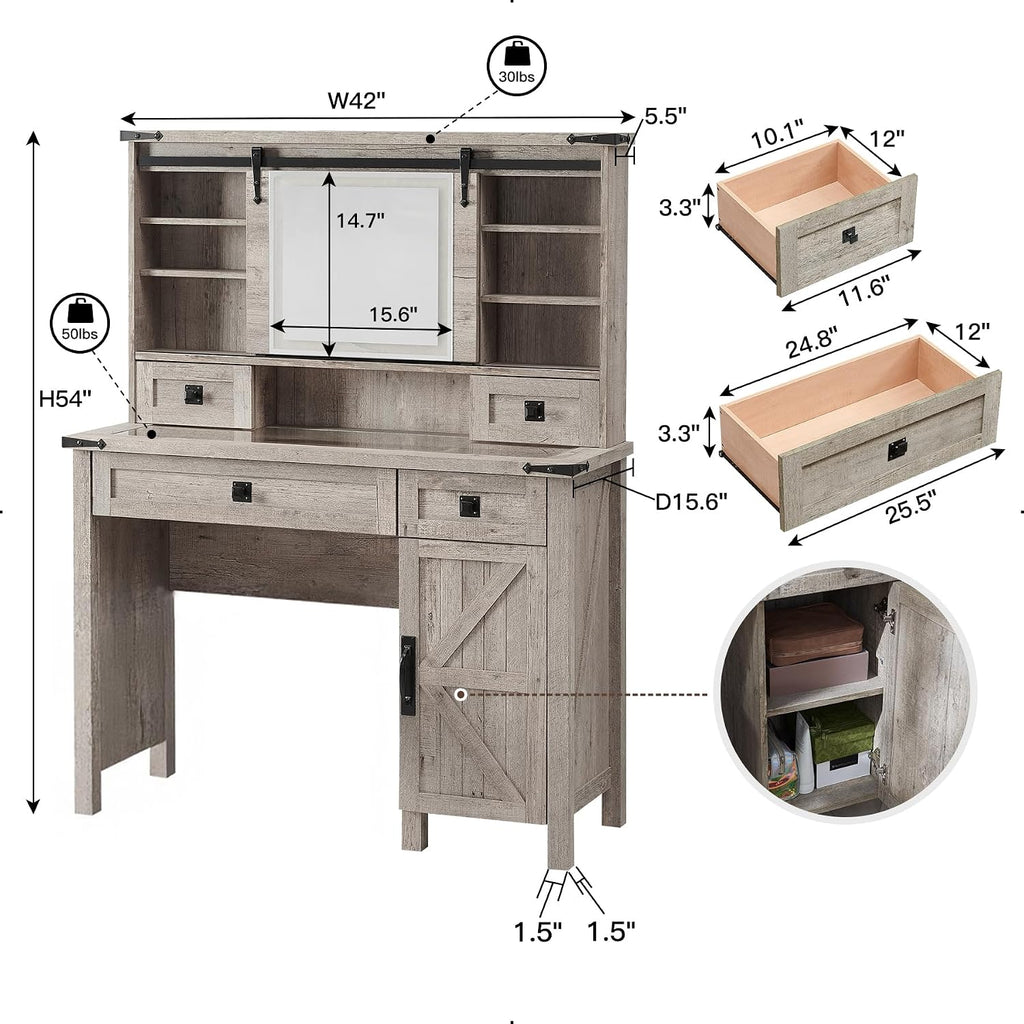 T4TREAM Farmhouse Makeup Vanity Desk with Sliding Mirror and Lights, 42'' Glass Tabletop Vanity Table with 2 Drawers & Shelves, Rustic Big Vanity Set for Bedroom, Light Rustic Oak