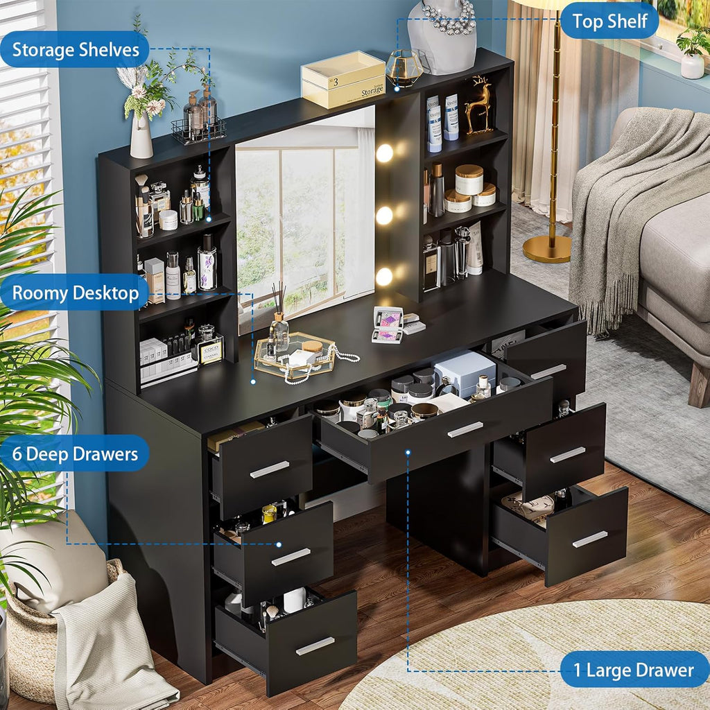 Black Vanity Desk with Mirror and Lights, 3 Lighting Modes Brightness Adjustable, Makeup Vanity Table with 7 Drawers, 6 Shelves and Power Outlet, Girls Vanity, Dressing Table for Bedroom