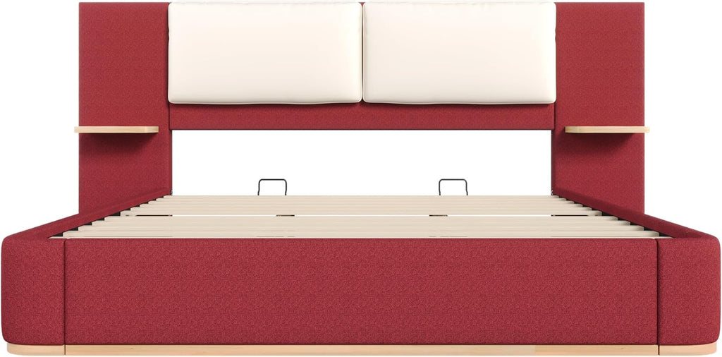 Luxury Bed Frame with Nightstands Modern Bedroom Set, Red King Size Floor Platform Bed with Oversize Soft Upholstered Tall Headboard Bedframe, No Box Spring Needed (Red, King)