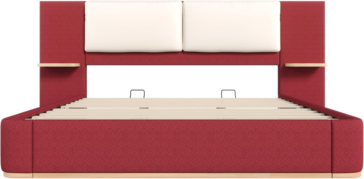 Luxury Bed Frame with Nightstands Modern Bedroom Set, Red King Size Floor Platform Bed with Oversize Soft Upholstered Tall Headboard Bedframe, No Box Spring Needed (Red, King)