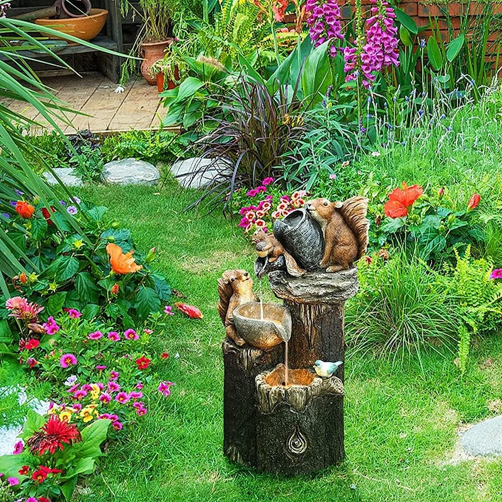 Indoor Fountain Resin Squirrel Family Patio Fountain Garden Decoration Outdoor Landscape Garden Design for Home Garden Desktop Decoration Meditation Fountain