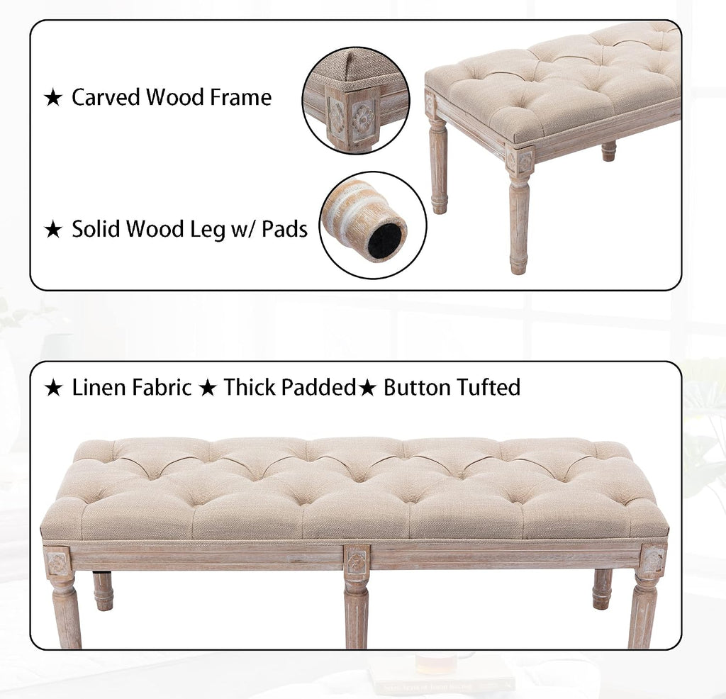 Tufted Dining Bench French Vintage Fabric Upholstered Wood Dining Room Bench Rustic Entryway Bench Bedroom End Bed Bench, Beige 45' Long
