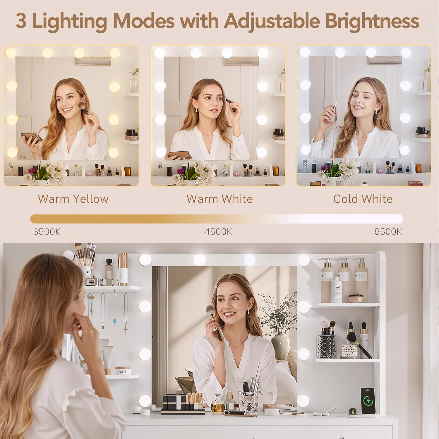 LAKEMID Vanity Desk with Mirror and Lights,Large Makeup Vanity Table Transparent Glass Top with 9 Drawers & Power Outlet,3 Lighting Modes,White Vanity Desk Dressing Table for Women Bedroom