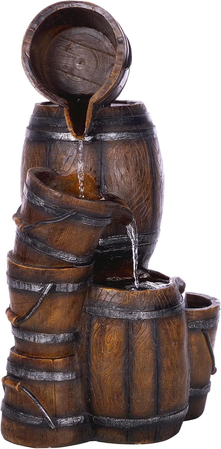 Alpine Corporation ZEN409S Outdoor Rustic 4-Tiered Barrels and Buckets Water Floor Fountain - Farmhouse Style, 24 Inch Tall, Brown