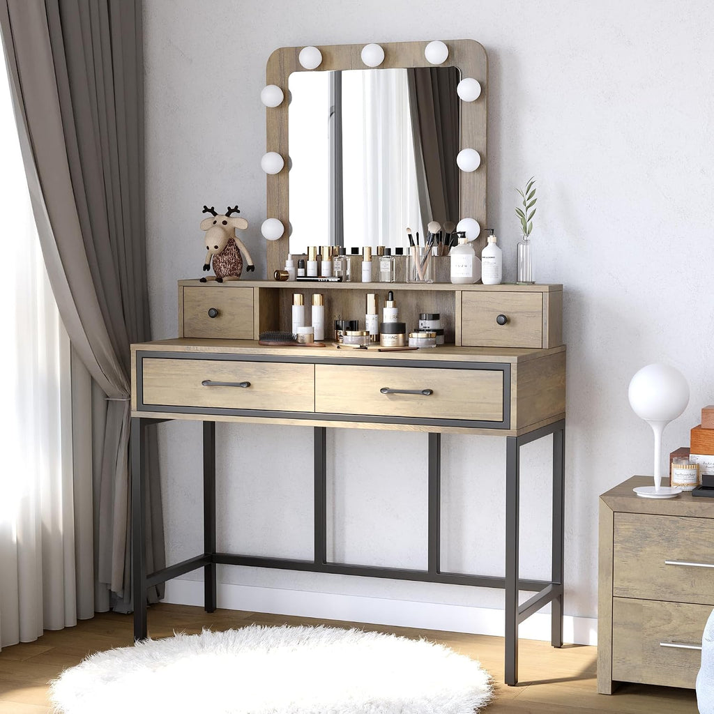 SUNVIVI Vintage Vanity Desk with Lighted Mirror, 40' Large Dressing Makeup Vanity Table with 4 Drawers, 3 Color Lighting Modes & 10 Brightness, Dressing Table with Metal Frame for Woman Adult Bedroom