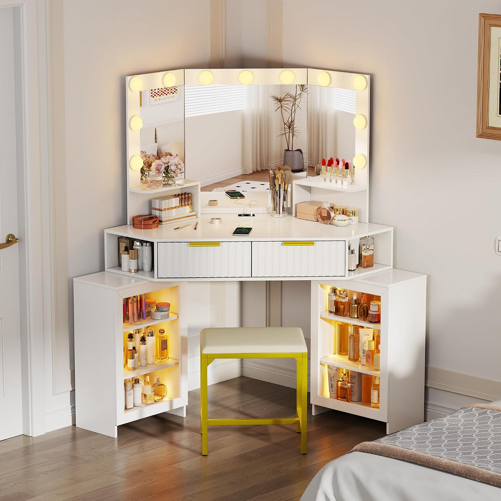 Vanity Desk with LED Lights Mirror & Power Outlet – Corner Design, Makeup Vanity Table Set with Storage Drawers & Chair, 3 Lighting Modes for Living Room/Bedroom, Ideal for Gift (White)