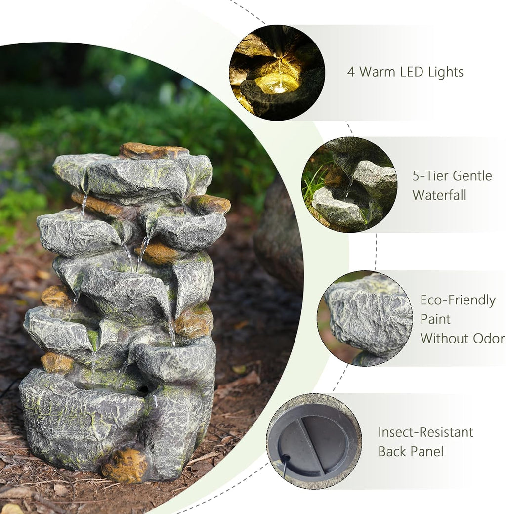 Solar Water Fountain Outdoor Garden, 19.3 Inch Cascading Stone Design 5 Tier Rock Feature Outdoor Fountains Waterfalls with Light, Pump Solar Panel for Patio, Deck, Porch, Backyard Home Décor