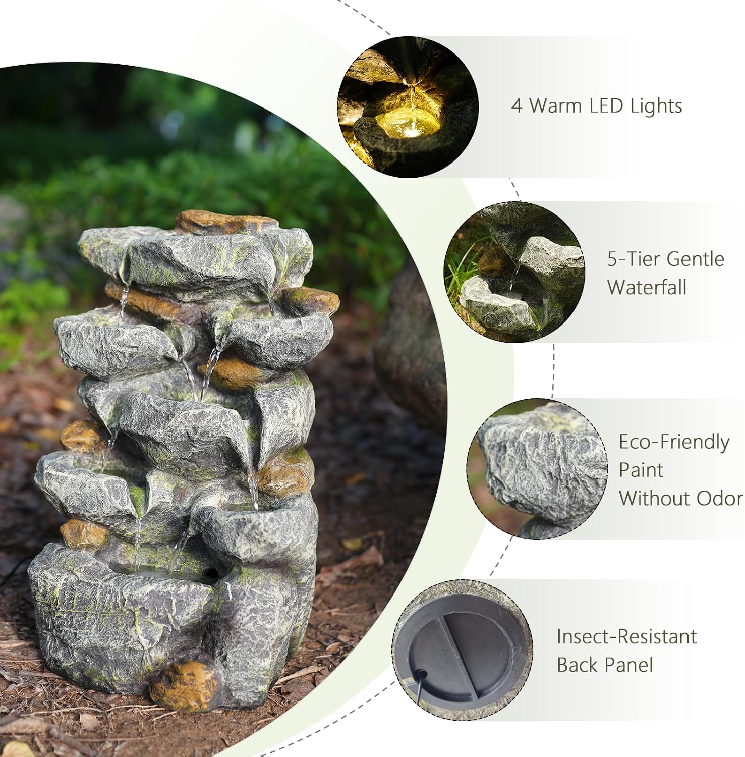 Solar Water Fountain Outdoor Garden, 19.3 Inch Cascading Stone Design 5 Tier Rock Feature Outdoor Fountains Waterfalls with Light, Pump Solar Panel for Patio, Deck, Porch, Backyard Home Décor
