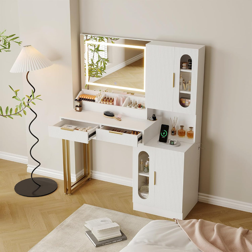 Garvee Fluted Vanity with Mirror and Lights, Wooden Vanity Desk, Makeup Table with Charging Station, Drawers & Storage Cabinets, White