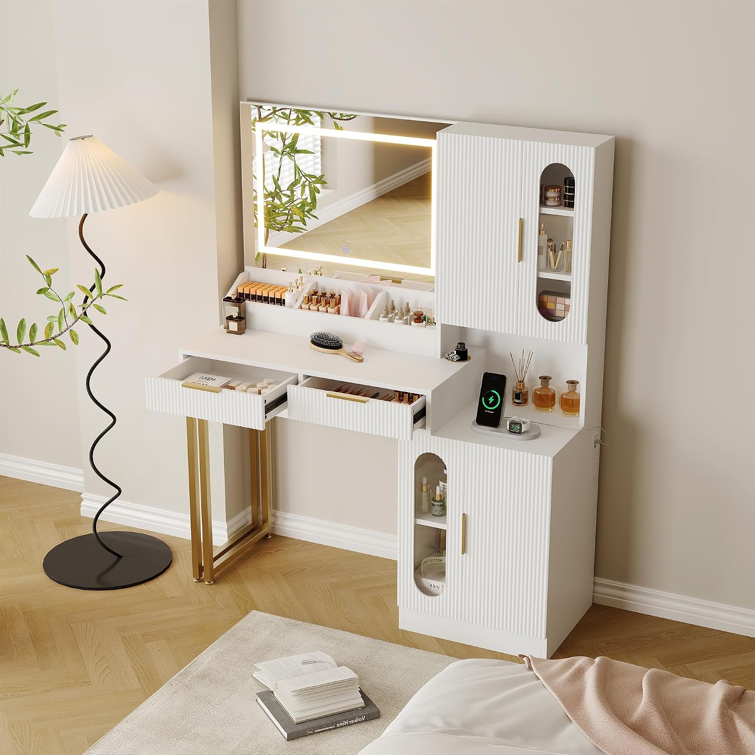 Garvee Fluted Vanity with Mirror and Lights, Wooden Vanity Desk, Makeup Table with Charging Station, Drawers & Storage Cabinets, White