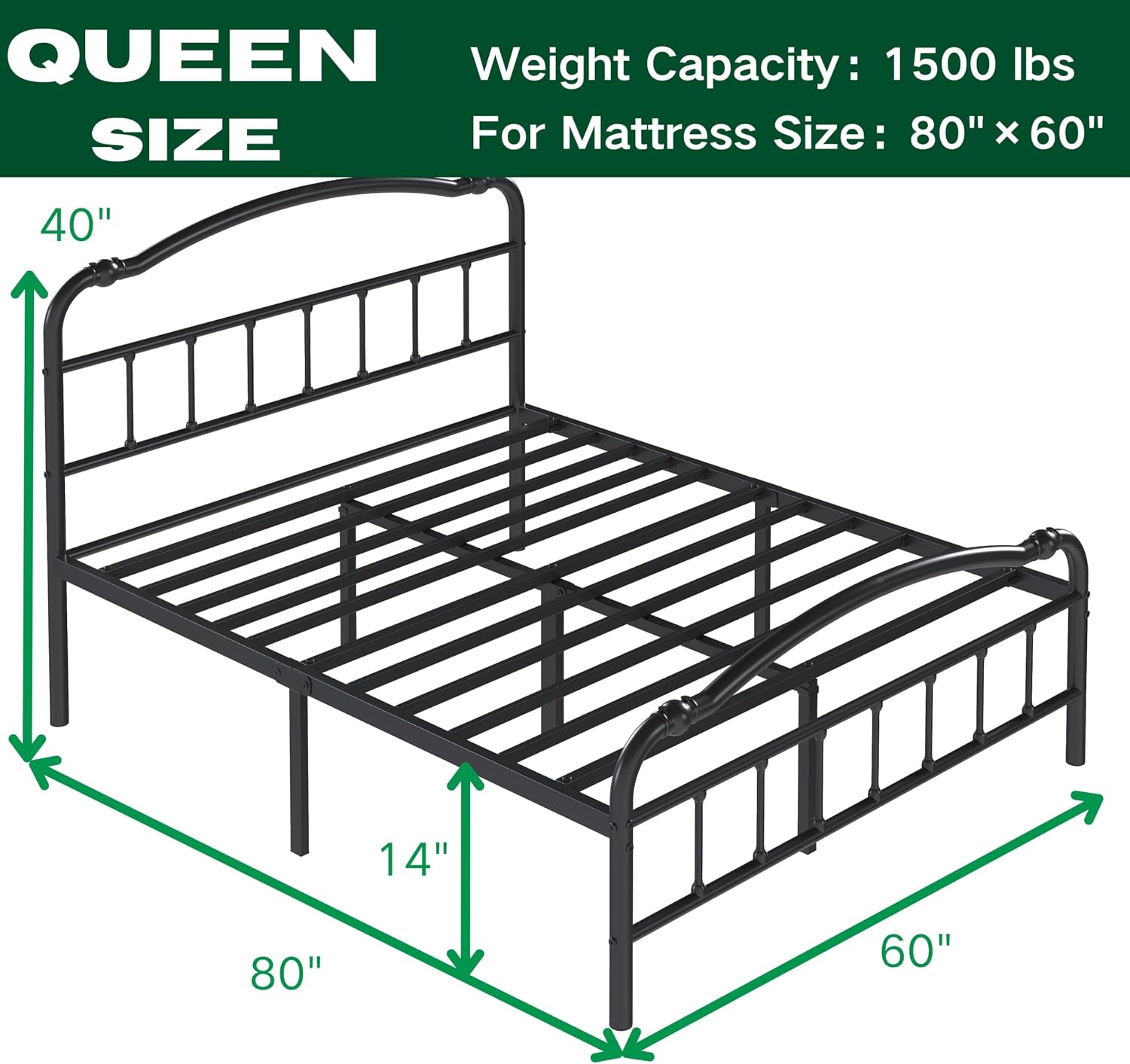 ZIYOO Vintage 14 Inch Queen Metal Bed Frame with Victorian-Style Headboard & Footboard, Sturdy Platform Design, Under Bed Storage, No Box Spring Needed, Noise Free, Elegant Black
