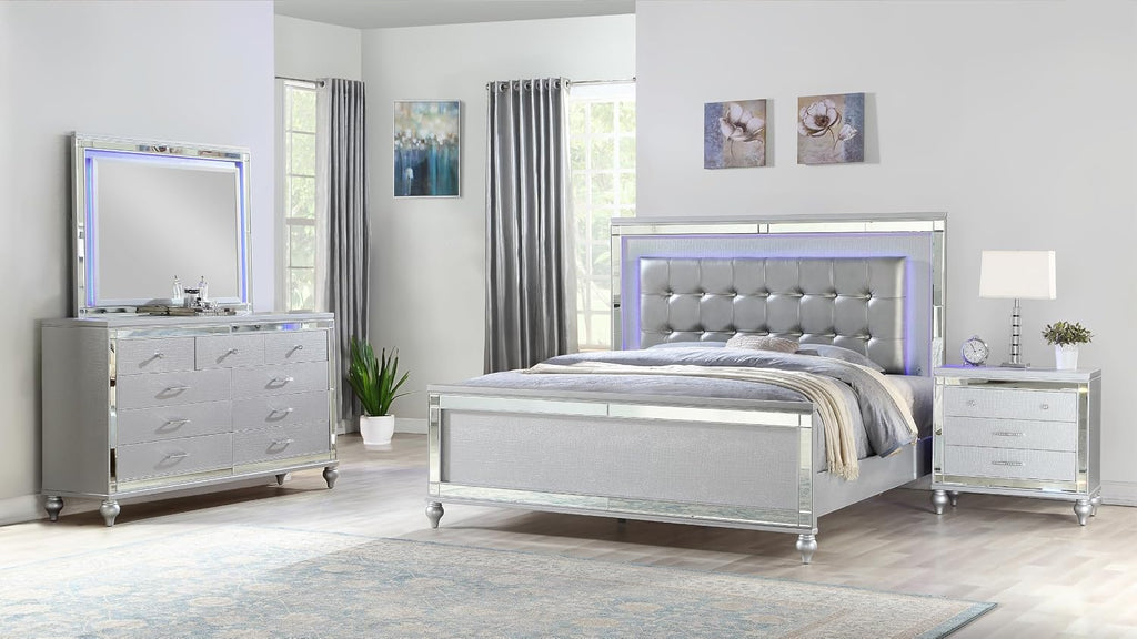 King LED Bedroom Set: 4-Piece Wooden Silver Contemporary Furniture - Crystal-Tufted Headboard with Integrated Lights - Luxury Bedroom Ensemble for Modern Homes