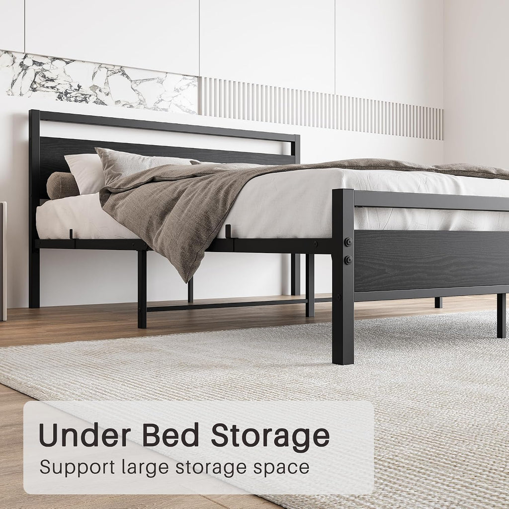 BOFENG Black Queen Size Bed Frames with Wood Headboard,Heavy Duty Metal Platform Bed Frame with Storage No Box Spring Needed,Strong Steel Slats Support,Noise Free