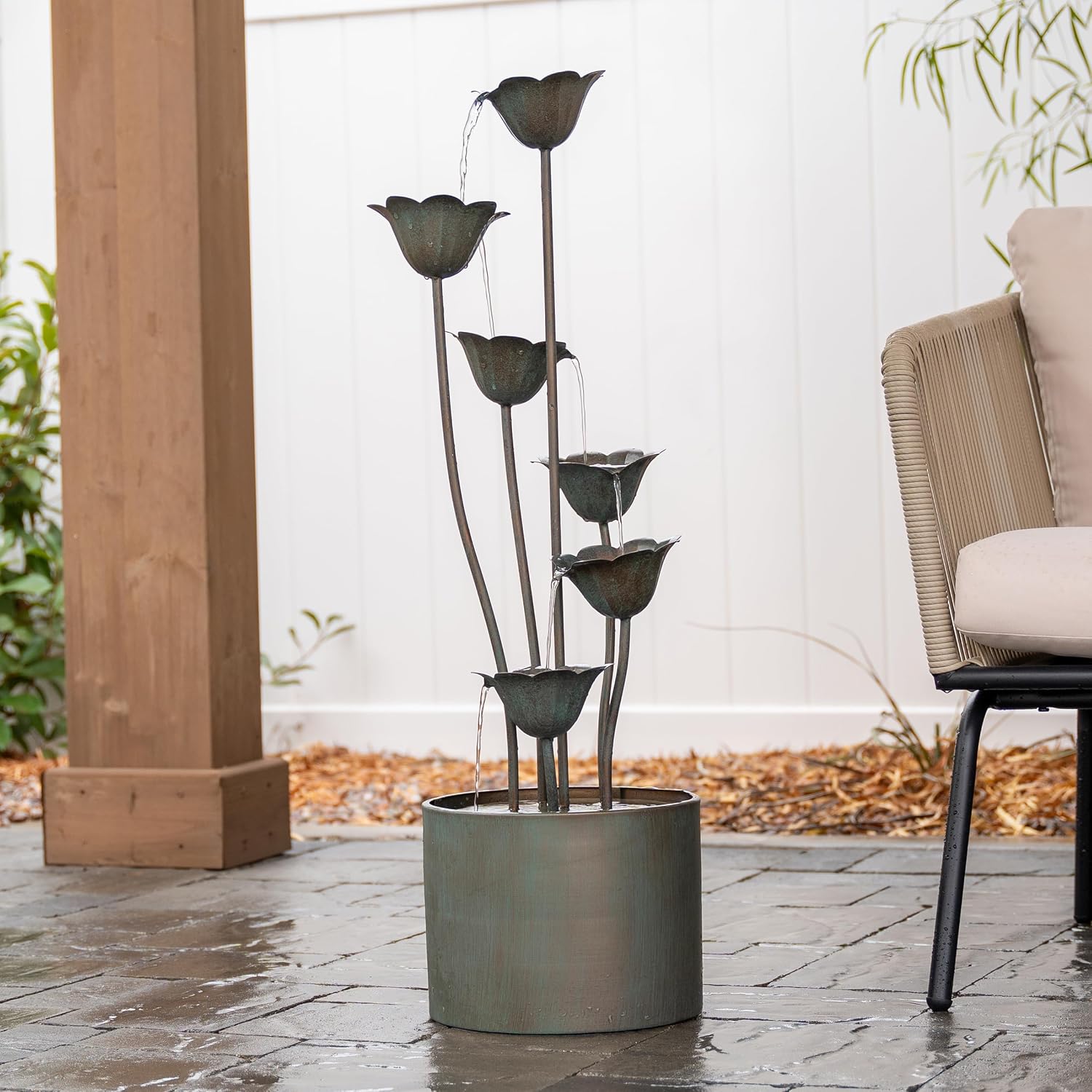 XBrand 35' Tall Silver Metal Sculptural Flower Multi-Tier Freestanding Water Fountain for Indoor & Outdoor Use, Decorative Garden Patio Backyard Water Feature