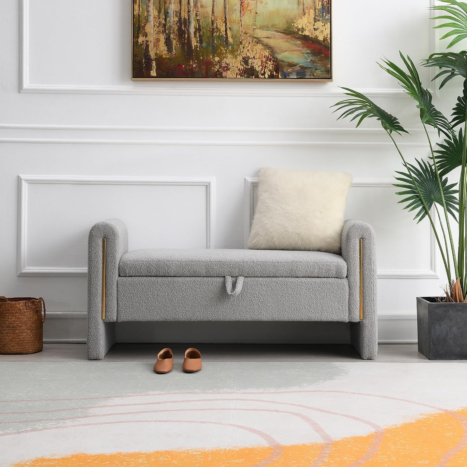 JIJIWANG Modern Bed End Bench with Arms and Storage, Upholstered Bed Bench Entryway Bench Ottoman Comfy Window Vanity Bench Footstool for Living Room,Bedroom,Grey