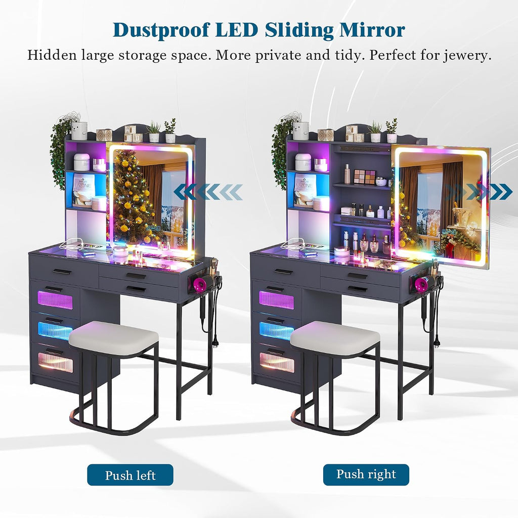 WOOVIVS Glass Top Vanity with LED Mirror, 6 Drawer Dresser with Charging Station for Bedroom, Small Makeup Vanitys Table with RGB Light, Vanity Set with Chair,Jewelry Organizer for Girls-Grey