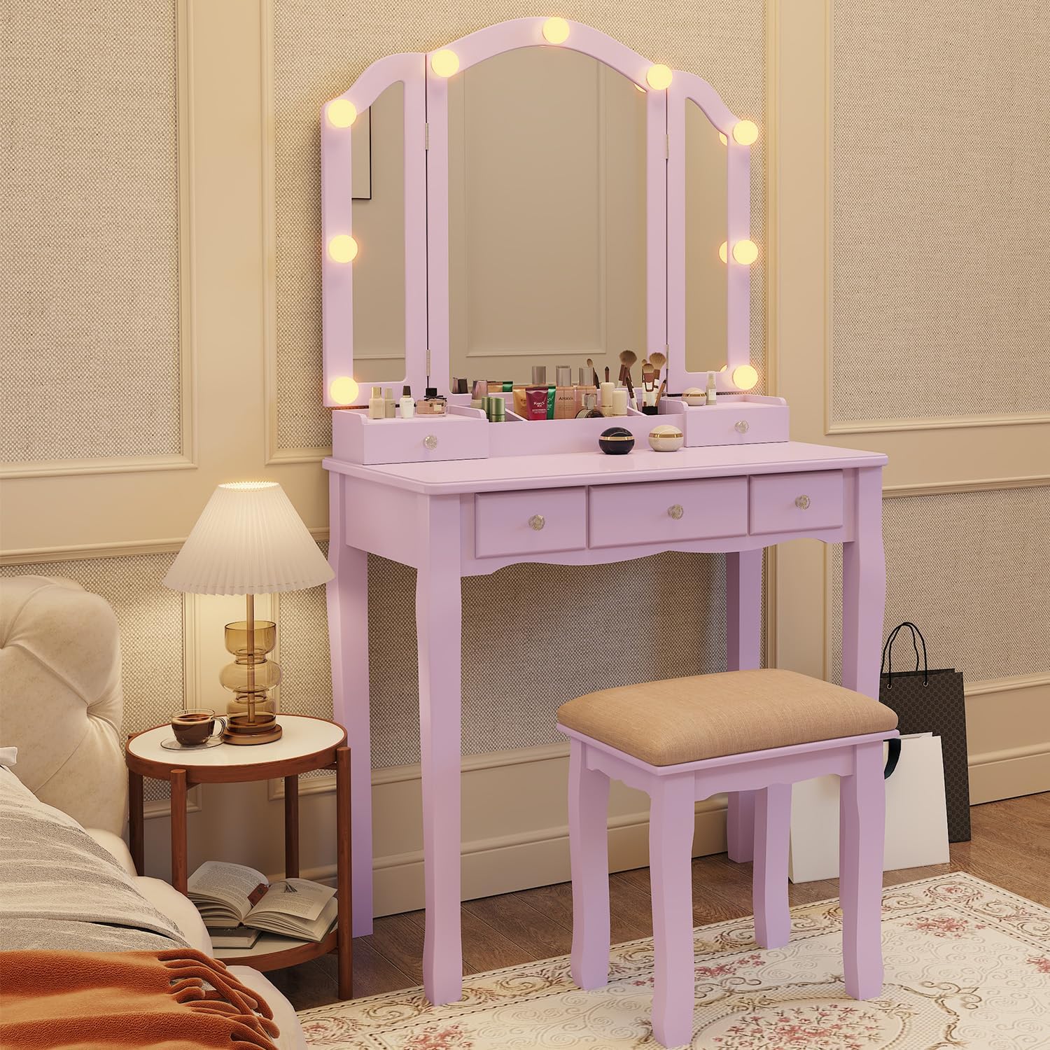 YIXHQ Purple Vanity Makeup Vanity Desk with Lights Vanity for Teen Girls Vanity Set for Teenager Vanity Table with Mirror for Bedroom Vanity Mirror with Lights Girls Desk and Chair